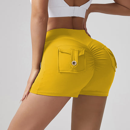 V-waist Stretch Yoga Workwear, Pocket Button Tight Pants, Women's Peach Hip Running And Fitness Shorts