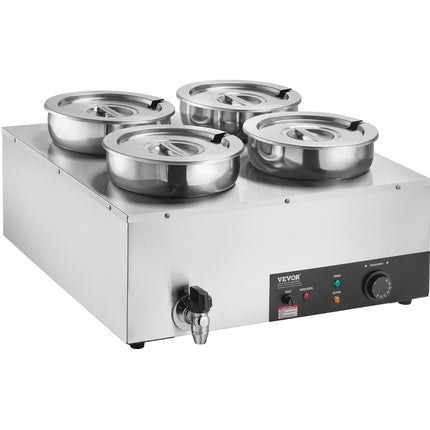 Electric Soup Warmer, Four 7.4QT Stainless Steel Round Pot 86~185°F Adjustable Temp, 1500W Commercial Bain Marie With Anti-dry Burn And Reset Button, Soup Station For Restaurant, Buffet, Silver