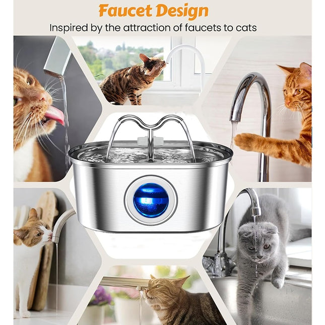 3.2L Cowhorn Model Pet Water Dispenser - Stainless Steel Automatic Water Fountain With 4 Replaceable Filters