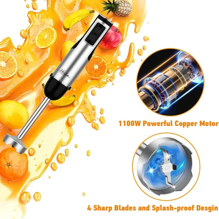 Immersion Blender Handheld, 1100W 5-in-1 Multi-Purpose Hand Blender, 12-Speed Stick Blender, 600ml Beaker, 500ml Chopper, Egg Whisk, Milk Frother, Black