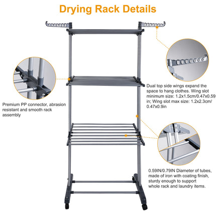 1Pc Clothes Drying Rack Rolling Collapsible Laundry Dryer Hanger Stand Rail Shelve Wardrobe Clothing Drying Racks With Dual Side Wings