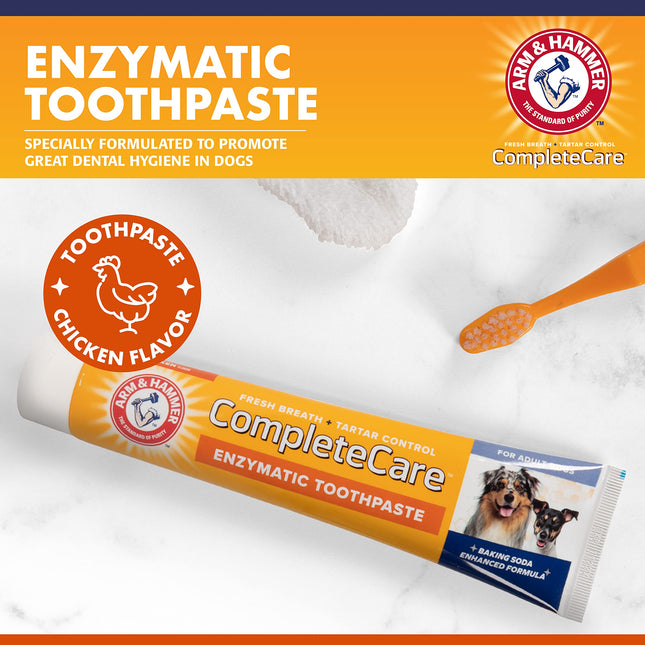 Arm & Hammer Complete Care Dog Dental Kit - 2.5oz Chicken Flavored Dog Toothpaste, Double Side Toothbrush, Rubber Finger Brush - Baking Soda Enhanced Formula