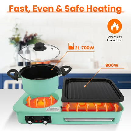 Electric Grill And Hot Pot Combo - 1600W Smokeless Korean BBQ Grill With Dual-Zone Cooking Non-Stick Surface & Adjustable Temp Control For 3-6 People Indoor/Outdoor Use