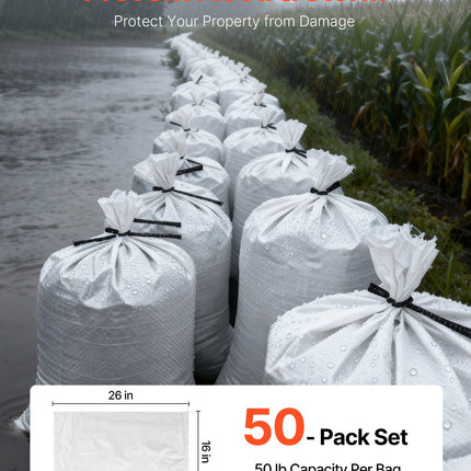 Heavy Duty Sand Bags, 50Pack 14" X 26", Empty Sandbags For Flooding With Tie Strings, Woven Polypropylene Sand Bag With 1600 Hours Of UV Protection, 50Lbs Capacity