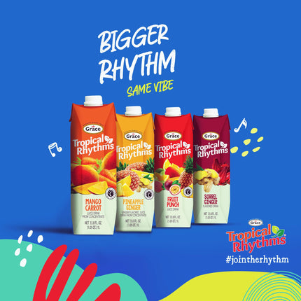 Grace Tropical Rhythms Ginger and Pineapple Juice 1 Liter (33.8oz) - 3 Cartons - Jamaican Fruit Juice