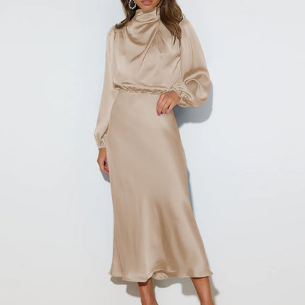 Elegant Temperament Long-sleeved Dress Satin Halterneck Formal Evening Dresses Women Clothing