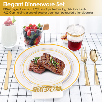 Set Of 175Pcs Disposable Gold Dinnerware Set Gold Rim Plastic Plates Cups Fork Spoon Knife Paper Napkins For Party Wedding Graduation