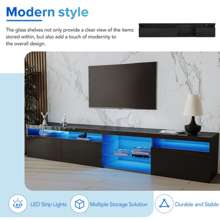 Unique Design TV Stand With 2 Glass Shelves, Ample Storage Space Media Console For TVs Up To 105, Versatile TV Cabinet With LED Color Changing Lights For Living Room, Black