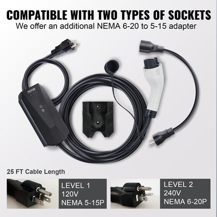 Portable EV Charger, 16 Amp 120V Or 240V, Electric Vehicle Charger With 28-Foot Charging Cable NEMA 6-20P Plug NEMA 5-15 Adapter, Plug-in Home EV Charging Station For SAE J1772 EVs