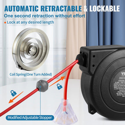 Retractable Extension Cord Reel Power Cord Reel 45FT 12AWG/3C SJTOW