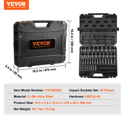 VEVOR Drive Impact Socket Set 6 Point Cr-Mo Alloy Steel For Auto Repair, Includes Extension Bars Universal Joint Adapter Lock Storage Case