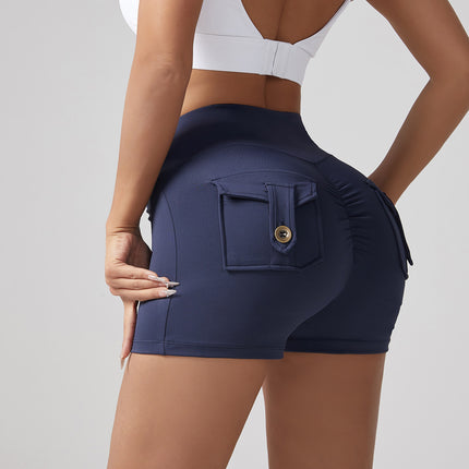 V-waist Stretch Yoga Workwear, Pocket Button Tight Pants, Women's Peach Hip Running And Fitness Shorts
