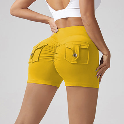 V-waist Stretch Yoga Workwear, Pocket Button Tight Pants, Women's Peach Hip Running And Fitness Shorts