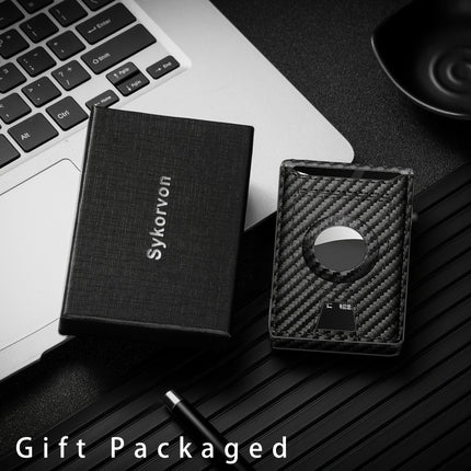 Men's Carbon Fiber RFID Blocking Bi-Fold Wallet With Pop-Up Aluminum Card Slot And AirTag Slot - Minimalist Black Credit Card Holder