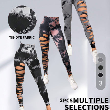 3 Pack Women's Tie Dye Cutout Tights High Waist Workout Yoga Leggings, Scrunch Butt Lifting Elastic Pants, Womens High Waist Yoga Pants Cutout Ripped Tummy Control Workout Running Yoga Skinny Leggings