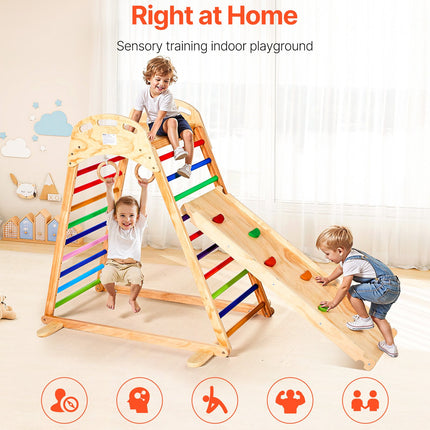 Indoor Playground Jungle Gym, 4-in-1 Wooden Indoor Playground Playset With Climbing Rock, Slide, Wooden Ladder & Gym Rings, Montessori Style Playground Climbing Toys For Boys Girls, 220LBS