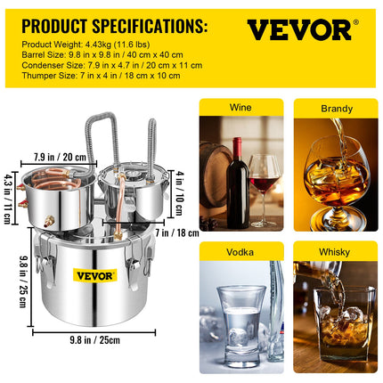 Alcohol Still, 3 Gallon, Stainless Steel Alcohol Distiller With Copper Tube & Build-in Thermometer  WaterPump, Double Thumper Keg Home Brewing Kit, For DIY Whiskey Wine Brandy