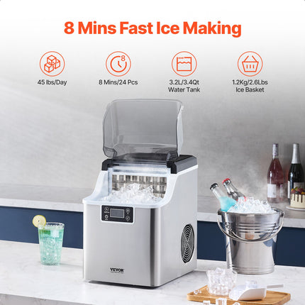 Portable Countertop Ice Maker 45Lbs/24H Self-Cleaning With Scoop Basket Home Bar