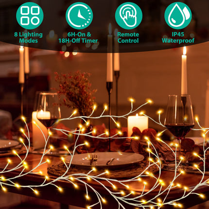1Pc 7.87FT Lighted Birch Garland Lighted Twig Vine Lights 144LED Birch Garland With Lights String Light With Timer 8 Modes IP45 Waterproof For Christmas Fireplace Home Decoration