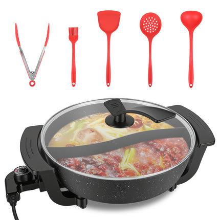 6L Electric Hot Pot With Divider 1100W Dual-Flavor Pot Shabu Shabu Pot Non-Stick With 5-Temp Control For Shabu Shabu Fondue Perfect For Family Gatherings & Parties