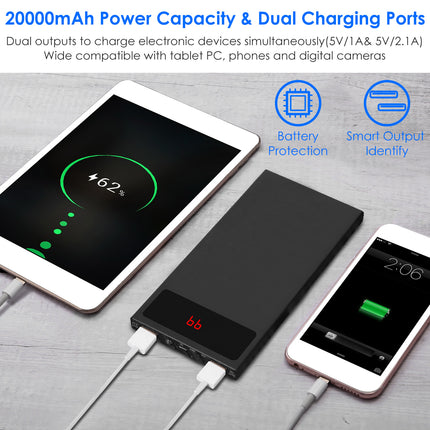 1Pc 20000mAh Power Bank Ultra-thin Phone Charger Dual USB Port Flashlight Battery Remain Display