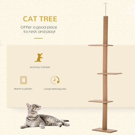 Floor-to-Ceiling Cat Tree Cat Climbing Tower with Sisal-Covered Scratching Posts Natural Cat Tree Activity Center for Kittens Cat Tower Furniture, Brown