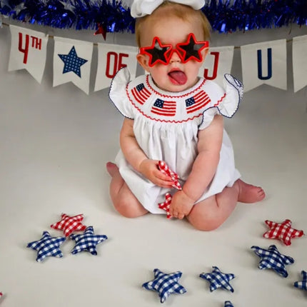 Baby Girl 4th Of July Bubble Romper, Smocked Fly Sleeve Bodysuit With American Flag Embroidery