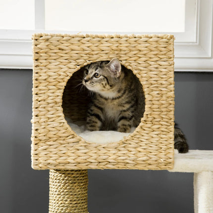 PawHut Cattail Weave Cat Tree For Indoor Cats Kitty Tower With Rattan Cat Condo, Wicker Bed, Ladder, Washable Cushions