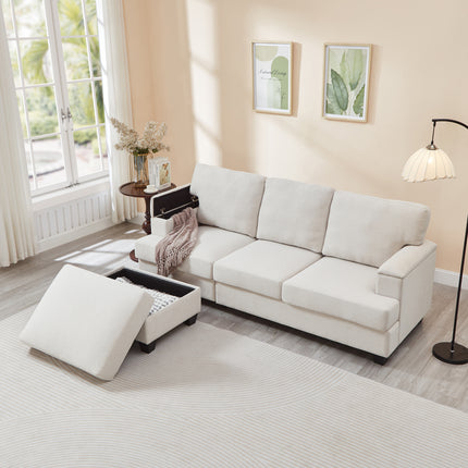 86'' L Shaped Couch With Armrest Organizer,3 Seats Sofas With Movable Ottoman,Comfy Sectional Sofa With Thick Cushion,Linen Sectional Couches For Living Room,Bedroom,Apartment,Beige