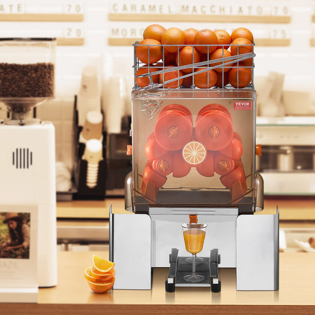 Commercial Orange Juicer Machine, 120W Automatic Juice Extractor, Stainless Steel Orange Squeezer For 20 Oranges Per Minute, With Pull-Out Filter Box, PC Cover, 2 Peel Collecting Buckets