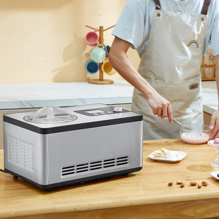 Automatic Ice Cream Maker With Built-in Compressor, 2 Quart No Pre-freezing Fruit Yogurt Machine, Stainless Steel Electric Sorbet Maker, 3 Modes Gelato Maker With LCD Display & Timer, Silver