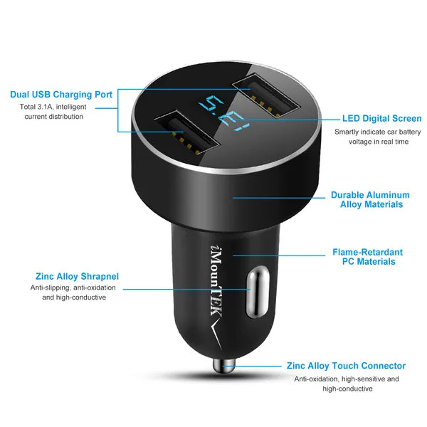 Universal 15W/3.1A Dual USB Car Charger Adapter Aluminum Alloy Fast Car Charging Adapter For IPhone XR XS Tablet PC