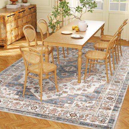 8x10 Area Rug, Vintage Machine Washable Rug, Non-Slip Carpet for Living Room, Bedroom, Dining Room, Brown & Light Blue