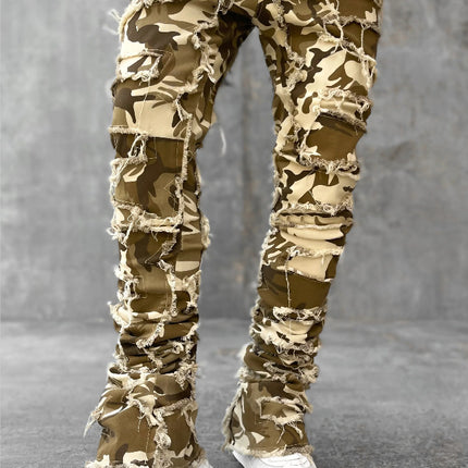 Ins Fringes Ripped Trousers Individual Patched Pants Long Tight Fit Stacked Jeans For Mens Clothing