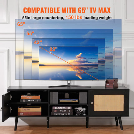 Rattan TV Stand For 65 Inch TV, Boho TV Stand With Rattan Door, Entertainment Center With Build-in Socket And USB Ports, Modern TV Console For Living Room, Media Room, Black
