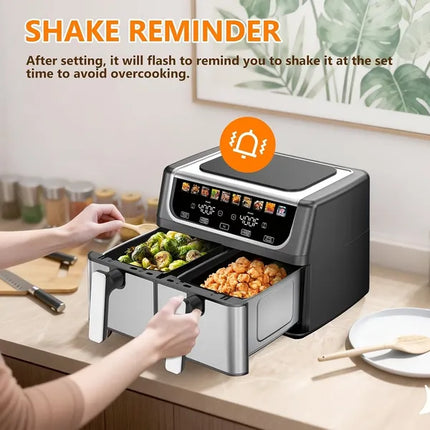9.5 Quart Large Dual Basket Air Fryer With Double Basket, Independent Temp Control & Sync Mode, 10 Presets - Bake&Broil&Defrost&Dehydrate, Shake Reminder System, Compatible For Plug For Appliance