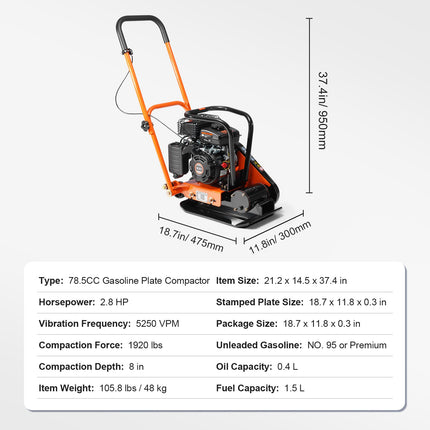 78.5CC Gas Engine 5,250 VPM, 1,920 Lbs Force Vibratory Compaction Tamper With 18.7 X 11.8 Inch Plate For Walkways, Patios, Asphalts, Paver Landscaping