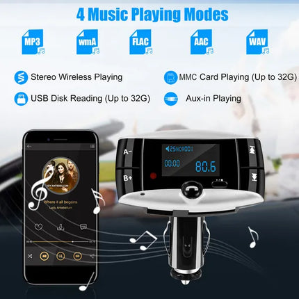 Car Wireless FM Transmitter USB Charger Hands-free Call MP3 Player SD Card Reading Aux-in LED Display