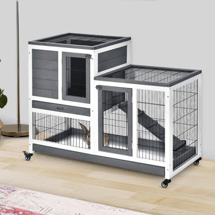 Wooden Rabbit Hutch Elevated Bunny Cage Indoor Small Animal Habitat With Enclosed Run With Wheels, Ramp, Removable Tray For Rabbits, Chickens, Ducks, Guinea Pigs, Gray