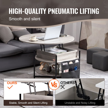 Lift Top Coffee Table, 35.3 In Round Coffee Table With Extra Storage Pockets, Pop Up Coffee Table For Living Room, White