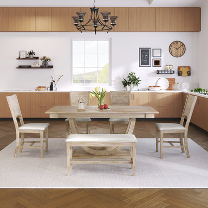 TOPMAx 6- Piece Wood Half Round Dining Table Set Kitchen Table Set With Long Bench And 4 Dining Chairs  Modern Style  Natural