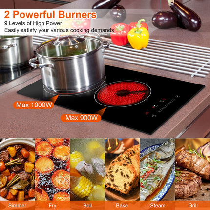 1Pc Dual Induction Burners Electric Cooktop 110V Total 1900W Electric Stove Built In Electric Ceramic Stove With Timer Setting 9 Firepower Levels Over Heating Protection