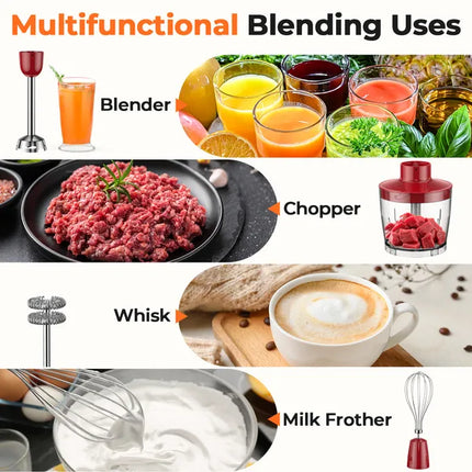 HB-2016A 5-in-1 Hand Immersion Blender, 30 Speeds Handheld Blender, Copper Motor Stainless Steel Blade Stick Blender,600ml Mixing Beaker,500ml Food Processor, Whisk, Milk Frother, BPA-Free, Red
