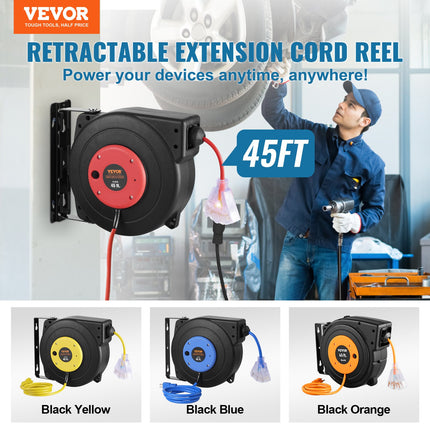 Retractable Extension Cord Reel Power Cord Reel 45FT 12AWG/3C SJTOW