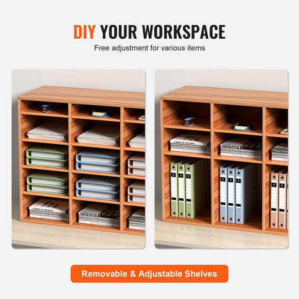 27 Compartments Wood Literature Organizer, Adjustable Shelves, Medium Density Fiberboard Mail Center, Office Home School Storage For Files, Documents, Papers, Magazines, Oak