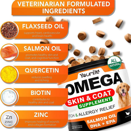 Youmile Omega 3 For Dogs - 120Ct  Fish Oil Treats - Allergy & Itch Relief Skin & Coat Supplement - Dry Itchy Skin, Anti Shedding & Hot Spots Treatment - Pet Salmon Oil Chews - Chicken Flavor Dog  Vit