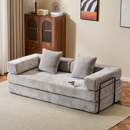 Floor Couch,Compression Sofa,Convertible Floor Sofa Bed-with Pillow Back Support Armrest,Comfy Futon Couch Lounge Sleeper Bed,Chenille Fabric,for Living Room Bedroom LIGHT-GREY