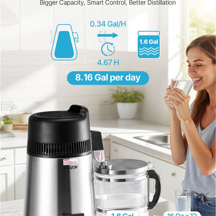 6L Water Distiller Home Countertop Purifier Machine 900W Stainless Steel Glass