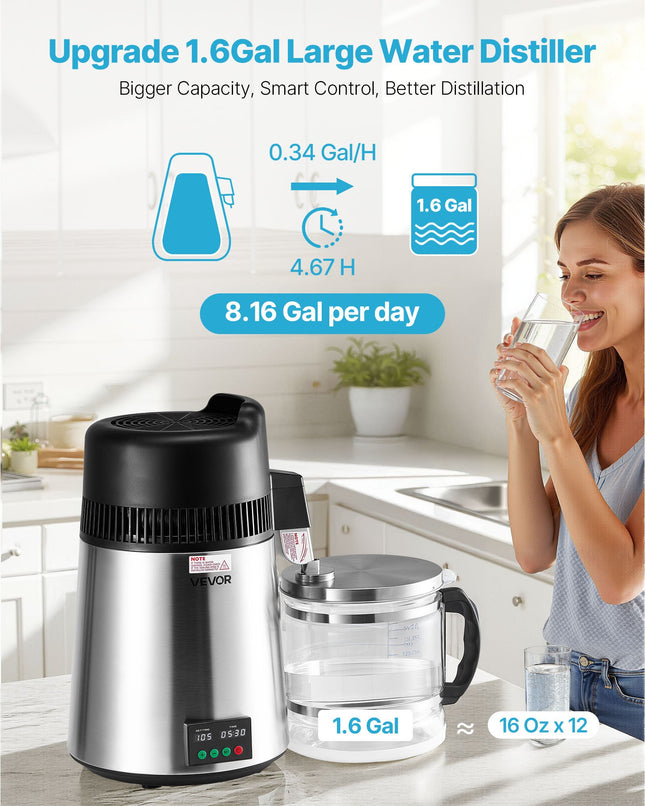 6L Water Distiller Home Countertop Purifier Machine 900W Stainless Steel Glass