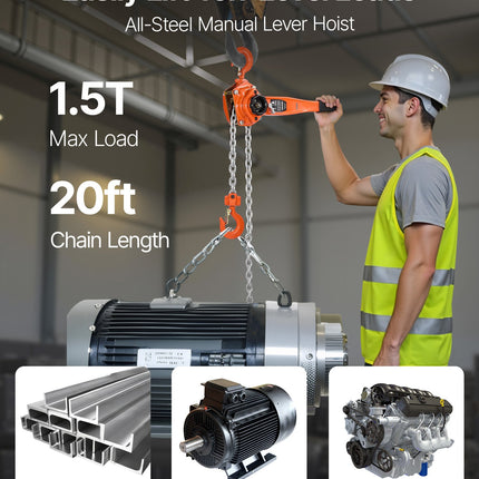 Manual Lever Chain Hoist, 1-1/2T 3300LBS Capacity Heavy Duty Come Along, 20FT Lift G80 Alloy Steel Chain With Dual Pawl Mechanical Brake,360°Rotating Hooks, For Warehouse Construction Garage